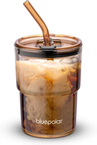 Miniatura 10 de BLUEPOLAR - Vaso de agua de vidrio de 13 oz/400 ml con popote y tapa sellada para llevar, vaso de café helado de pared gruesa, vaso de vidrio