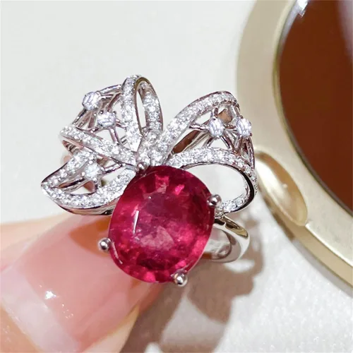 Miniatura 3 de Anillo de plata de ley 925 con diamantes completos y brillantes de oro de 18 quilates, anillos de cóctel de rubí de talla ovalada de 3 quilates
