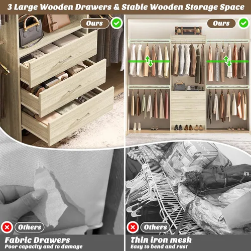 Miniatura 4 de Aheaplus Sistema de Armario, Organizador de Armario con 3 Cajones de Madera, Sistema Organizador de Armario, Armario Vestidor Walk-in con Perchero