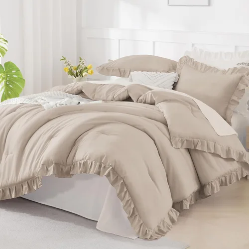 Miniatura 36 de Andency Juego de edredón beige tamaño King, 3 piezas estilo farmhouse shabby chic con volantes, ligero esponjoso suave de microfibra para todas