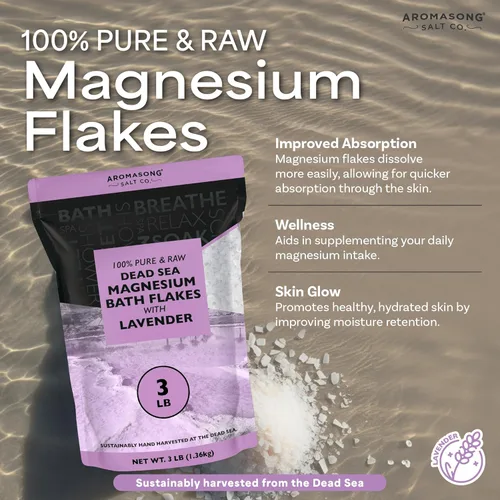 Miniatura 3 de Aromasong Copos de baño de magnesio RAW con lavanda 100% natural, 3 libras de sales orgánicas relajantes musculares de cloruro de magnesio, remojo