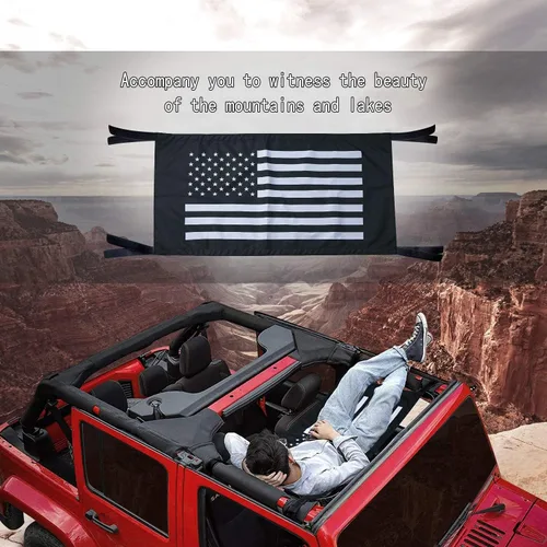 Miniatura 7 de Hamaca con bandera de EE. UU., red de techo para carga para Jeep Wrangler YJ TJ JK JKU JL JLU JT 1987-2021 Tejido impermeable y cómodo en color negro