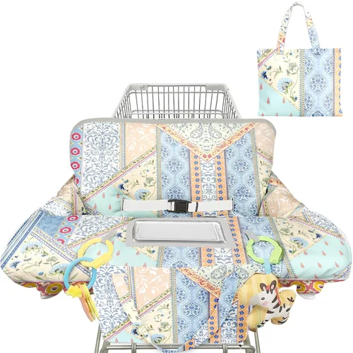 Miniatura 8 de Funda para carrito de compras para bebé, funda para silla alta 2 en 1, con arnés de seguridad, multifuncional, patrón de dinosaurio, color azul
