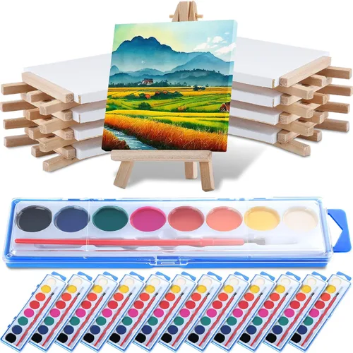 Outus Juego de 12 mini kit de pintura en lienzo, juego de pintura de acuarela de 4 x 4 pulgadas con caballete de 8 colores lavables, pinceles de