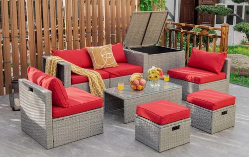 Miniatura 10 de Tangkula Patiojoy - Juego de muebles de patio de 8 piezas, sofá seccional de ratán PE para 6 personas con funda impermeable, para jardín, cubierta
