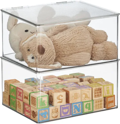mDesign - Caja de almacenamiento de juguetes de plástico con tapa con bisagras, perfecta para organizar juguetes y accesorios en la sala de juegos