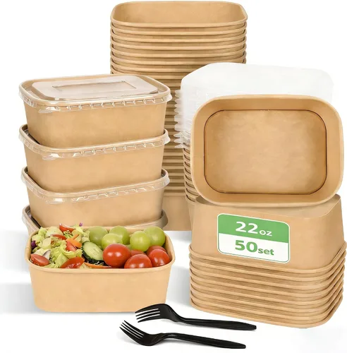 Miniatura 9 de Paquete de 50 recipientes desechables para preparación de comidas, cuencos de papel grandes desechables de 19 onzas con tapas y tenedores