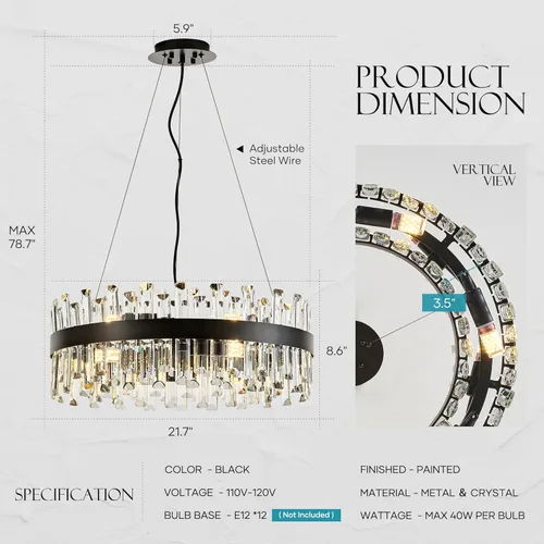 Miniatura 2 de Lámpara de Araña de Cristal Moderna Negra de 21.7", Accesorios de Iluminación de Lujo, Candelabros de Cristal de 2 Anillos para Comedor, Iluminación