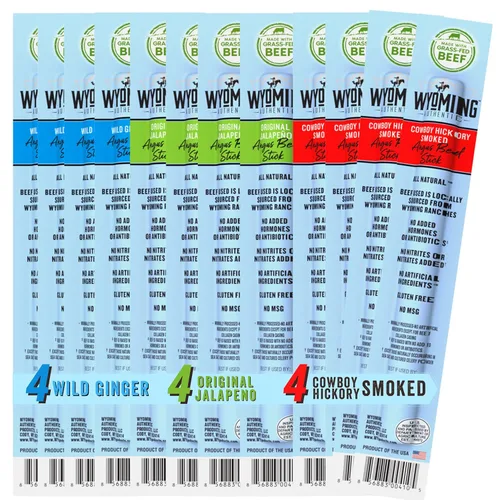 Wyoming Palitos de carne 100% alimentados con pasto – 4 veces cada sabor – Humo de nogal vaquero, jengibre salvaje y jalapeño original – Snacks