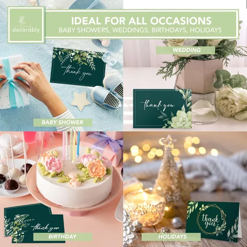 Miniatura 6 de Decorably Paquete de 24 tarjetas de agradecimiento verdes de 6 x 4 pulgadas con sobres y calcomanías, 6 diseños elegantes para amigos, familiares