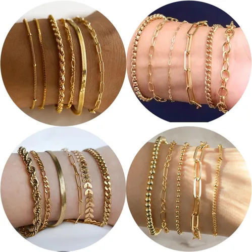 Miniatura 2 de WAINIS Juego de 23 pulseras de cadena de oro para mujer, de moda, chapadas en oro de 14 quilates, pulseras de clip de eslabones de eslabones