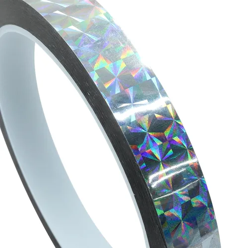 Miniatura 5 de Jiozermi Cinta reflectante holográfica autoadhesiva de 0.47 pulgadas, cinta adhesiva con purpurina para mantener alejados a los pájaros, arte