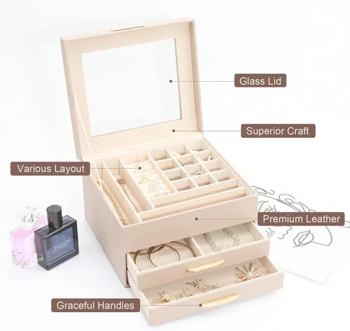 Miniatura 4 de Caja organizadora de joyas, organizador de joyas de 3 capas con 2 cajones, cajas de joyería para exhibir aretes, collar, reloj, pulsera y anillos