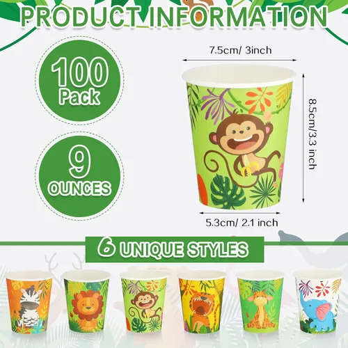 Miniatura 2 de Amyhill 100 vasos desechables de papel de 9 onzas para niños, animales, tazas de baño, pequeñas y coloridas para fiestas, picnic, barbacoas, viajes