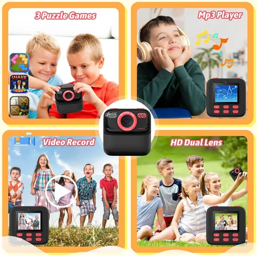 Miniatura 4 de Cámaras digitales instantáneas para niños y niñas, cámara digital selfie HD de doble lente 1080P con papel de impresión y tarjeta de 32G, regalos