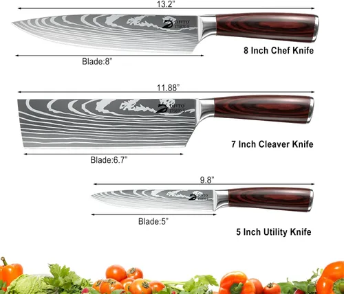 Miniatura 2 de Dfito Juego de cuchillos de cocina, 3 piezas de acero inoxidable de alto carbono con mango de madera de Pakkawood roja, juegos de cuchillos de chef