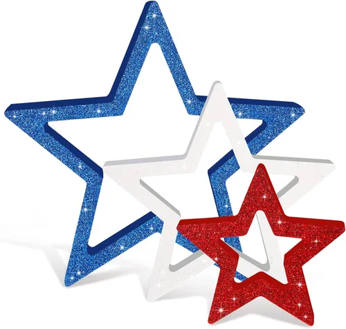 Miniatura 10 de Blulu 3 piezas de decoración patriótica del 4 de julio, letreros de madera de estrella de Estados Unidos, color rojo, blanco y azul, estrella