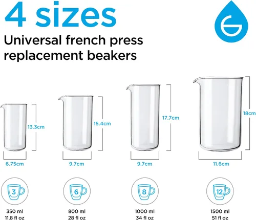 Miniatura 4 de GROSCHE Vaso universal de vidrio de repuesto para prensa francesa, jarra de vidrio de borosilicato 3.3 para café y té, resistente al calor, se