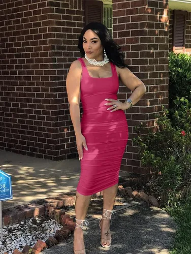 Miniatura 5 de BEAGIMEG Vestido midi sin mangas sexy fruncido para mujer