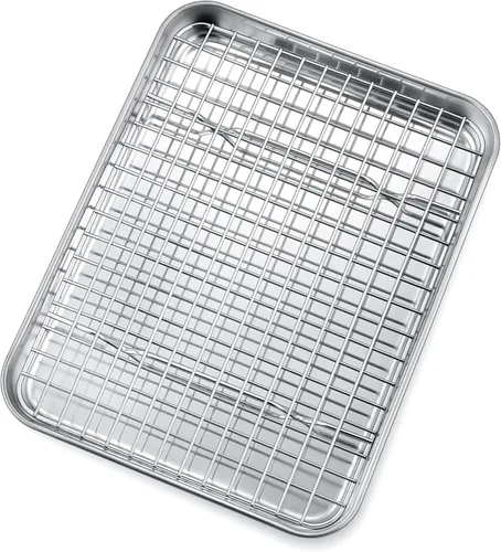Miniatura 10 de P&P CHEF Molde para horno tostador de 12.5 + 9 pulgadas con juego de estante, bandeja de acero inoxidable para hornear y rejilla de enfriamiento