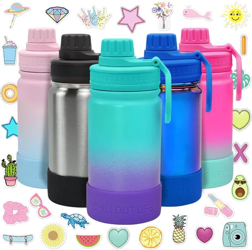 Miniatura 18 de CHILLOUT LIFE Botella de agua aislada para niños de 12 onzas para la escuela con tapa de boquilla a prueba de fugas y bonitas calcomanías Azul