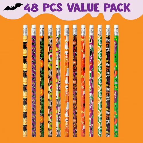 Miniatura 2 de JOYIN 48 lápices de Halloween a granel con borrador, surtido de lápices coloridos de otoño, juego de papelería con temática de Halloween de 12