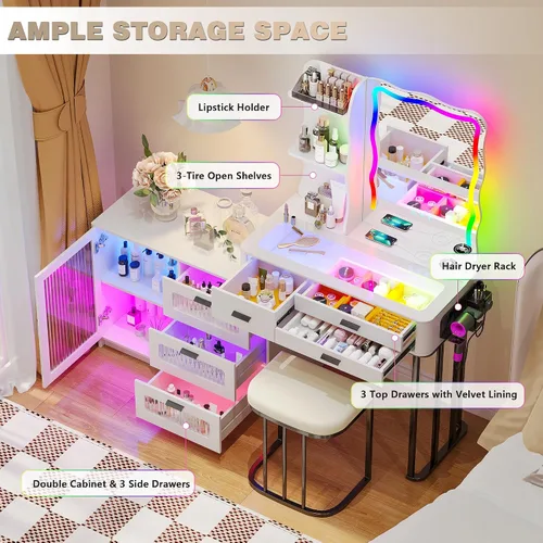 Miniatura 6 de Mesa de Tocador RGB para Maquillaje con Estación de Carga Inalámbrica, Escritorio de Tocador con Espejo Iluminado y Silla, 8 Cajones, Taburete, Mesa