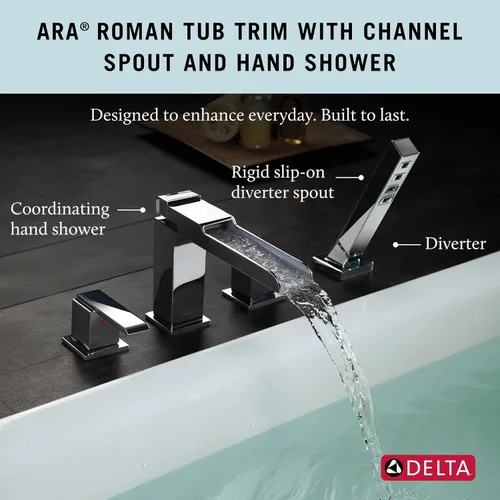 Miniatura 3 de Delta Ara Channel - Grifo de bañera romana con ducha de mano, grifo de bañera cromado, cromado T4768 (válvula no incluida)