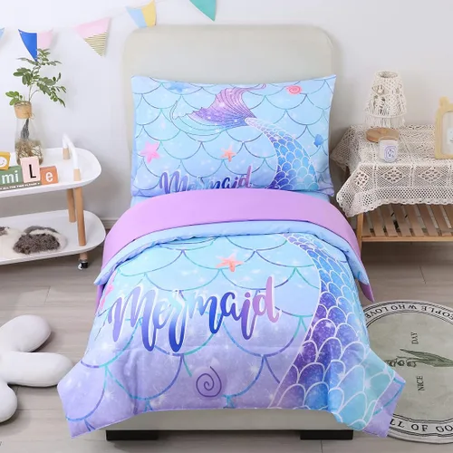 Miniatura 13 de URBONUR Juego de ropa de cama de 4 piezas para niños pequeños - Juego de edredón ultra suave con dibujos animados de animales del zoológico rosa