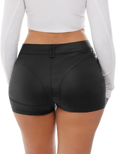 Miniatura 3 de RAMISU Pantalones cortos de mezclilla ajustados y elásticos para mujer, con aspecto de cuero, con bolsillos