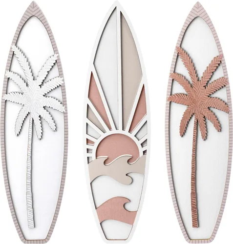 Miniatura 9 de RattanView 3 piezas de decoración de tabla de surf para dormitorio, decoración de pared de playa de madera, tabla de surf de madera de verano