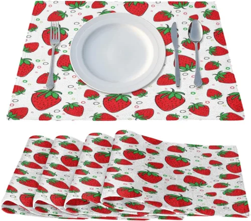 Miniatura 2 de Juego de 4 manteles individuales de fresas primaverales, lavables, impermeables, para fiestas, hogar, decoración de mesa de comedor, 18 x 12 pulgadas