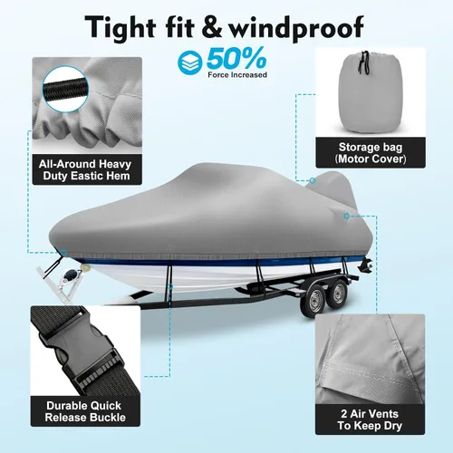 Miniatura 5 de Funda Impermeable 1200D para Barco con Cubierta para Motor, Lona Marina Teñida en Solución Cubierta Remolcable para Barco de 16-18.5 pies para Gris