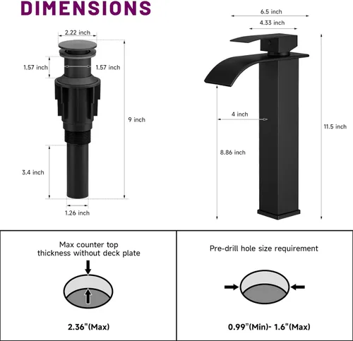 Miniatura 6 de Grifo de fregadero de recipiente con cascada, grifo de baño mate negro de acero inoxidable, alto, de una sola manija, un agujero, montaje
