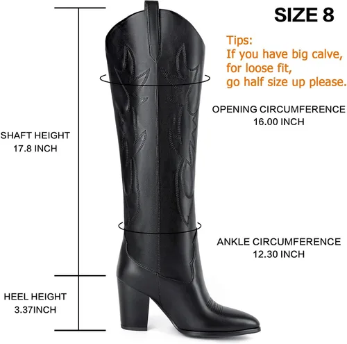 Miniatura 2 de Mostrin Botas vaqueras bordadas para mujer, botas vaqueras con punta puntiaguda, botas altas hasta la rodilla, tacón grueso, botas occidentales