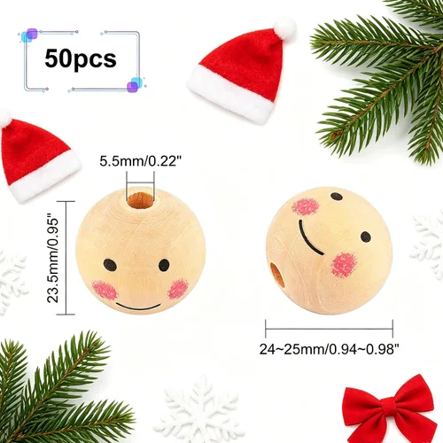 Miniatura 2 de PH PandaHall 50 cuentas de madera de 1 pulgada, cuentas de madera natural, cuentas de madera sueltas, bolas de madera con cara pintada para árbol