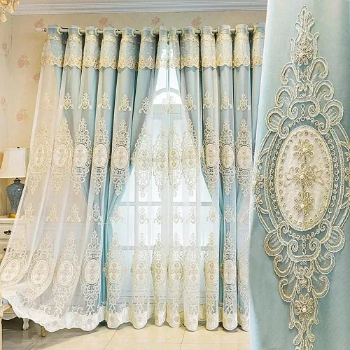 Miniatura 7 de Amidoudou 1 par de cortinas europeas de doble capa con cenefas para sala de estar, dormitorio, cortinas bordadas con flores 3D de lujo