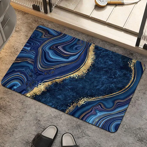 Miniatura 9 de Alfombra de baño, diseño abstracto de mármol azul y dorado, antideslizante, de secado rápido, súper absorbente, delgada, para debajo de la puerta