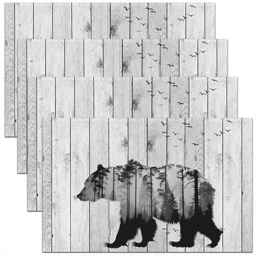 Miniatura 27 de Lodge - Juego de 4 manteles individuales de cabina con diseño de silueta de pino y oso gris, tapetes de cocina para mesa de comedor, animales