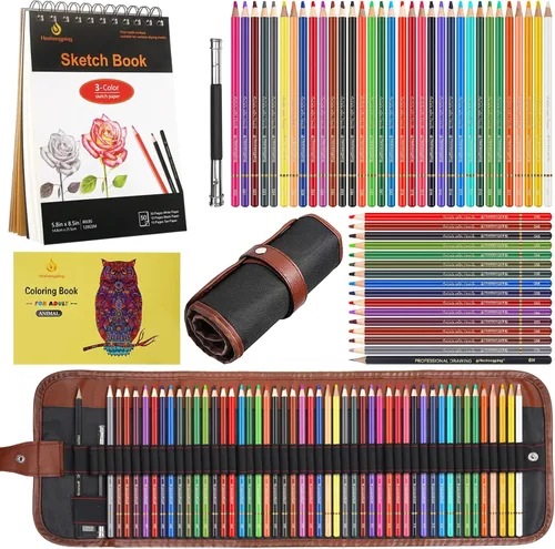 Heshengping Juego de 48 lápices de colores para libros de colorear con cuaderno de bocetos de 3 colores, libro de colorear, kit de dibujo, Paquete