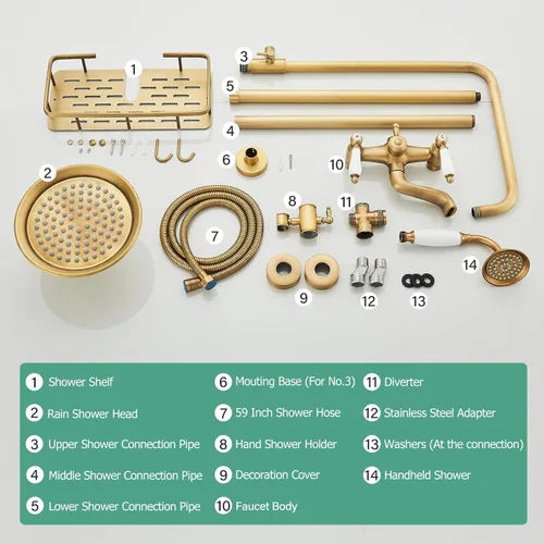 Miniatura 8 de Sistema de ducha de latón antiguo, accesorios de ducha para exteriores con cabezal de ducha de lluvia de 8 pulgadas y asas cruzadas dobles para baño