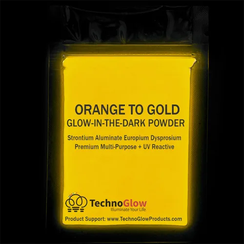 Miniatura 2 de Polvo reactivo que brilla en la oscuridad y a los rayos UV, multiusos, serie PRO (naranja fluorescente a oro, 1 onza (0.99 oz))