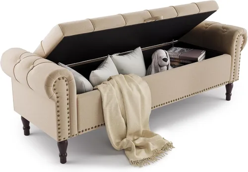 Miniatura 10 de Cozyman Banco otomano de almacenamiento, 61 pulgadas de largo, de lino, con brazo enrollado, banco de ventana con botón copetudo y ribete de cabeza