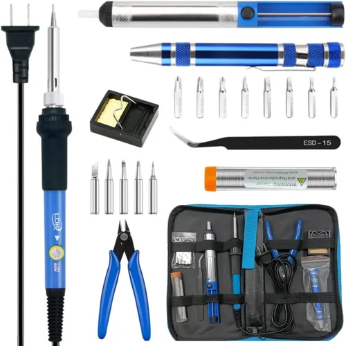 LDK Kit de soldador eléctrico de 60 W, temperatura ajustable con 5 puntas diferentes, bomba desoldadora, soporte, pinzas antiestáticas, tubo de Negro