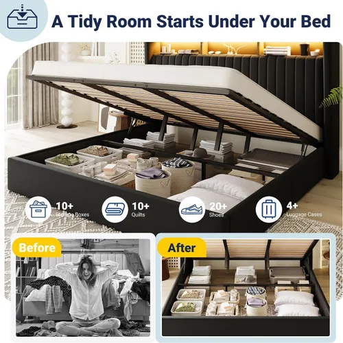 Miniatura 3 de Allewie Marco de cama de almacenamiento hidráulico elevable, tamaño King, cabecero de estante de 2 niveles con luces LED y estación de carga, Negro