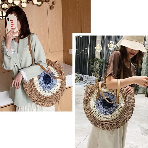 Miniatura 3 de JBR Bolso grande redondo de paja tejido al hombro bolso cruzado para mujer bolso de mano