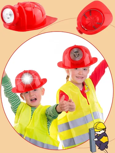 Miniatura 7 de Paquete de 2 sombreros de construcción para niños, casco de disfraz de minero con luz para niños y niñas, suministros de fiesta de Halloween