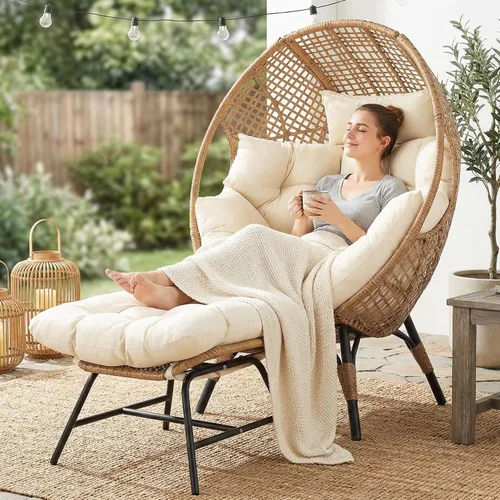 Miniatura 4 de NICESOUL Silla con forma de huevo de mimbre con otomano, silla de salón con cesta de huevo para interior y exterior con cojín, asiento de huevo