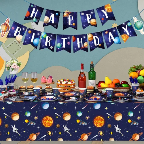 Miniatura 5 de Suministros para fiesta de cumpleaños del espacio exterior, juego de vajilla para fiesta espacial, sirve para 24, pancarta de feliz cumpleaños