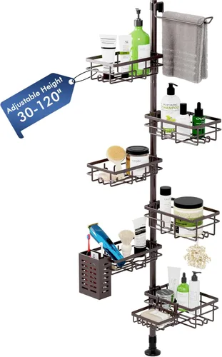Miniatura 11 de Organizador de Caddy para Ducha con Poste de Tensión, Estante Esquinero de 6 Piezas Resistente al Óxido con Estante de Ducha Ajustable de 30-120